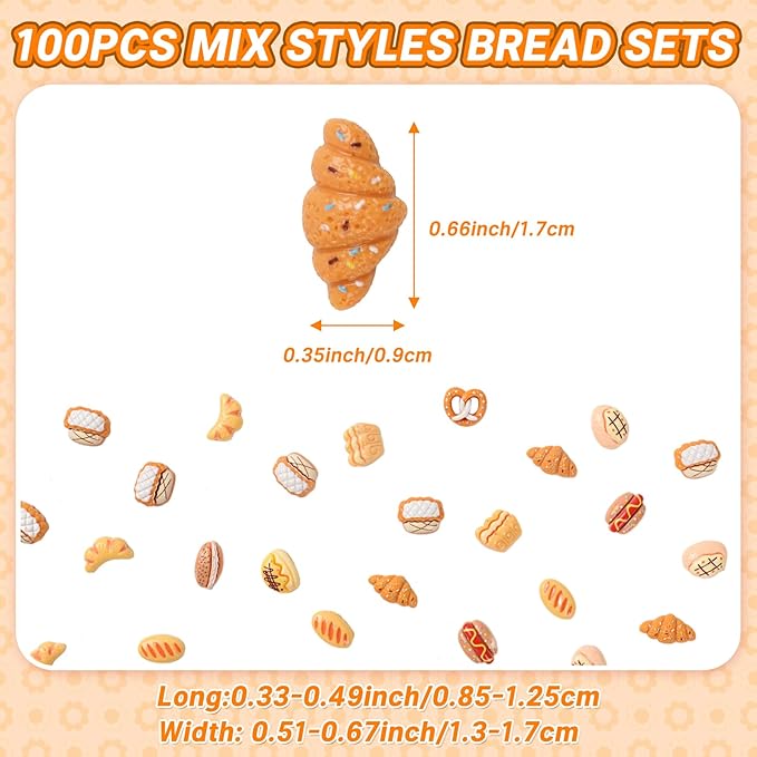 100CS Mini Bread Miniature Bread Bulk Mixed Styles Resin Bakery Food for Photography Props Home House Desk Shops Party Display Decor