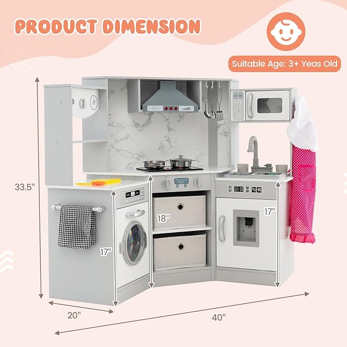 INFANS Corner Kids Kitchen Playset, Toddler Wooden Pretend Cooking Set with Real Running Water Circulation Realistic Light Sound Stove Storage Cabinet Removable Sink Simulation Play Kitchen Toy