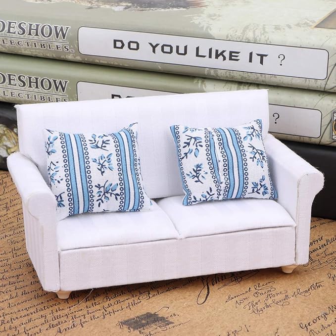 Dollhouse Sofa,1:12 Simulation Miniature Furniture White Sofa with Back Cushions Model Toy for Fairy Gardens Dollhouse Living Room Scene Decoration Accessories(2 Seat Sofa)
