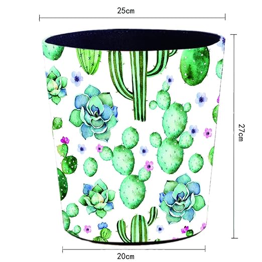 Scakbyer 10L/2.64 Gallon PU Leather Trash Can, Decorative Waterproof Wastebasket Dustbin Garbage Bin for Home Office Bathroom - Cactus B
