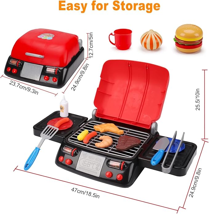 Kids Grill Playset Kitchen Toys with Apron Hat for Cooking Food Smoke Light Outdoor Pretend Play Accessories BBQ Outside Camping Barbecue Toddler Boy Toy 3 4 5 Year Old 4-8 Birthday Gift Valentine