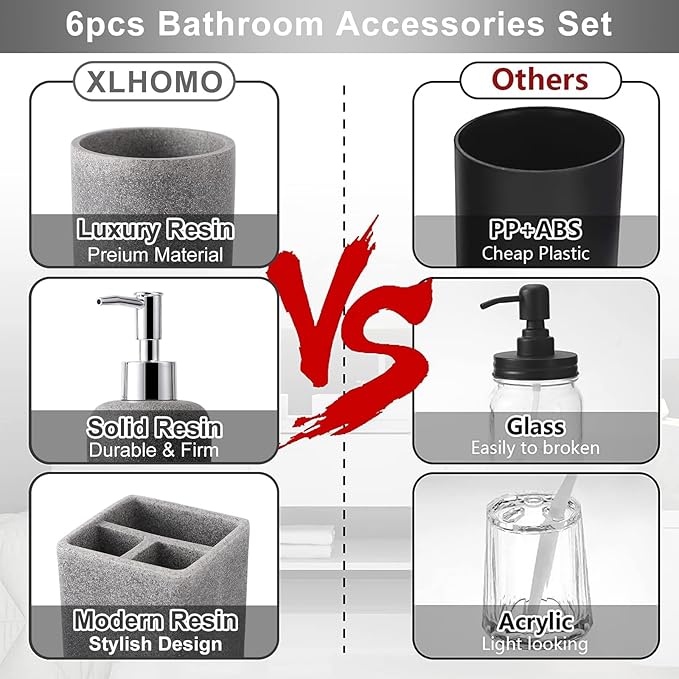Resin 6 Pcs Gray Bathroom Set Complete with Toothbrush Holder, Lotion Soap Dispenser, 2 Qtip Holder Dispensers,Vanity Tray,Bathroom Tumbler - Countertop Vanity Organizer - Bathroom Accessories Set