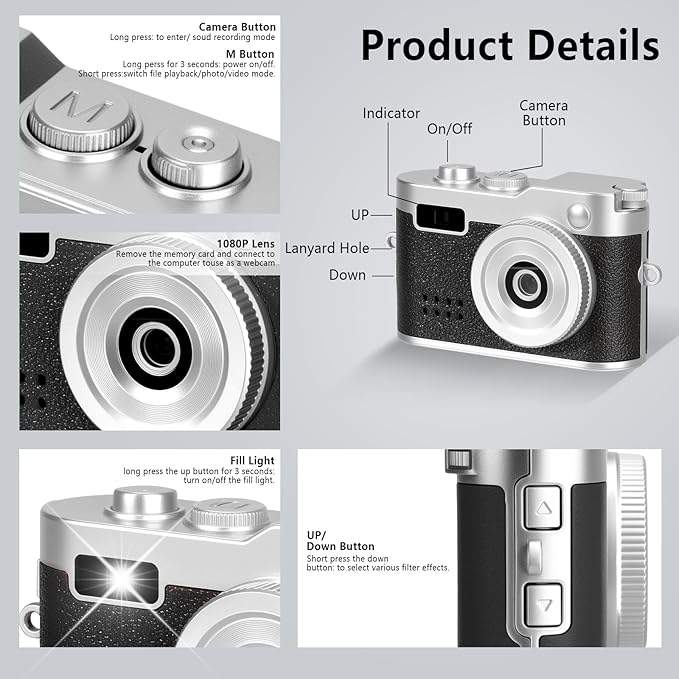 Mini Keychain Camera, FHD 1080p Mini Digital Camera with 32GB SD Card, 0.96" HD Display, 100 Mins Battery Life for Travel Recording Birthday Gifts (Vintage, Dark)