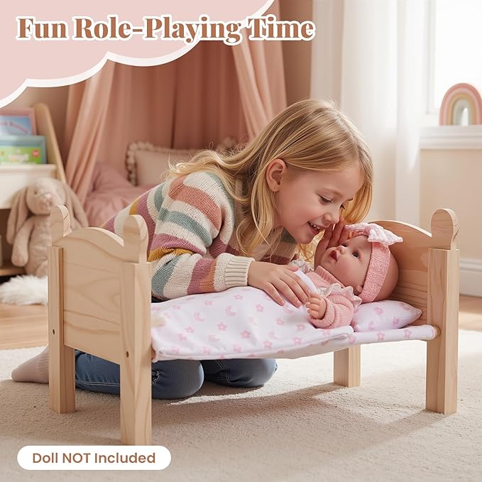 BABESIDE 3 Pcs Baby Doll Crib with Bedding Set for 12-16 Inch Babydolls, Wooden Dolls Furniture Doll Bed with Pillow and Blanket for Realistic Baby Doll Accessories