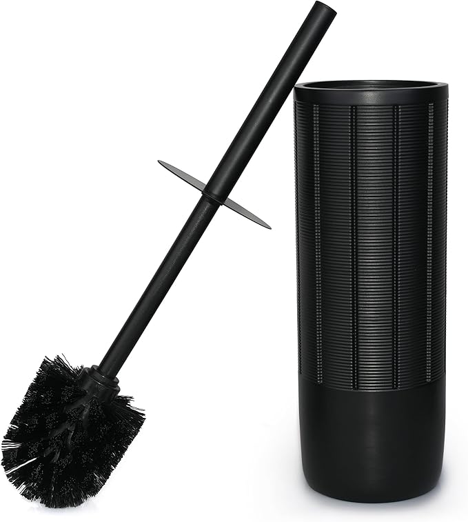 Indecor Home Matte Black Ribbed Design Resin Toilet Bowl Holder and Brush Set, Durable Bathroom Cleaning Tool with Ergonomic Handle and Efficient Bristles, Stylish and Compact Design