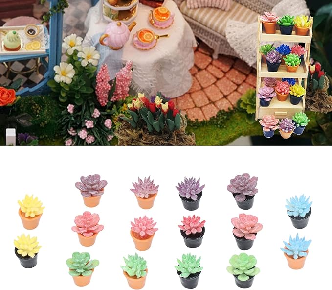 Agatige 16pcs Dollhouse Potted Plants, Resin Miniature Dollhouse Plants for 1:12 Dollhouse