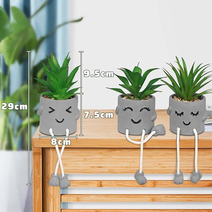 SEMSOIIO 3 Pcs Aesthetic Faux Succulents with Dangling Legs Small Fake Plants in Face Pots Kawaii Shelf Sitters Unique Office Gifts for Women and Coworkers Grey