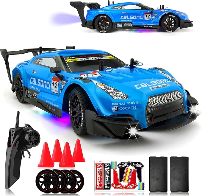 1:16 Spray RC Drift Car for Kids 4WD 2.4GHz 40KM/H High Speed Remote Control Car with LED Lights Drifting Tires & 2 Batteries, Racing Sport Toy for Boys Girls (Blue)