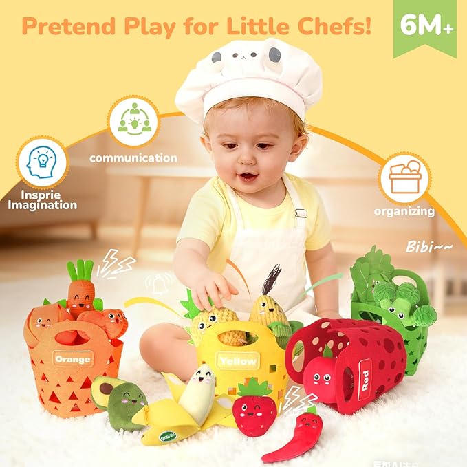 Baby Sensory Toys - Plush Color Sorting Fruit Veggie Baby Toys 6-12 Months, Pretend Play Food with Rattle Crinkle for Toddlers 1-3, Montessori Toys for 1 Year Old Boys Girls Birthday