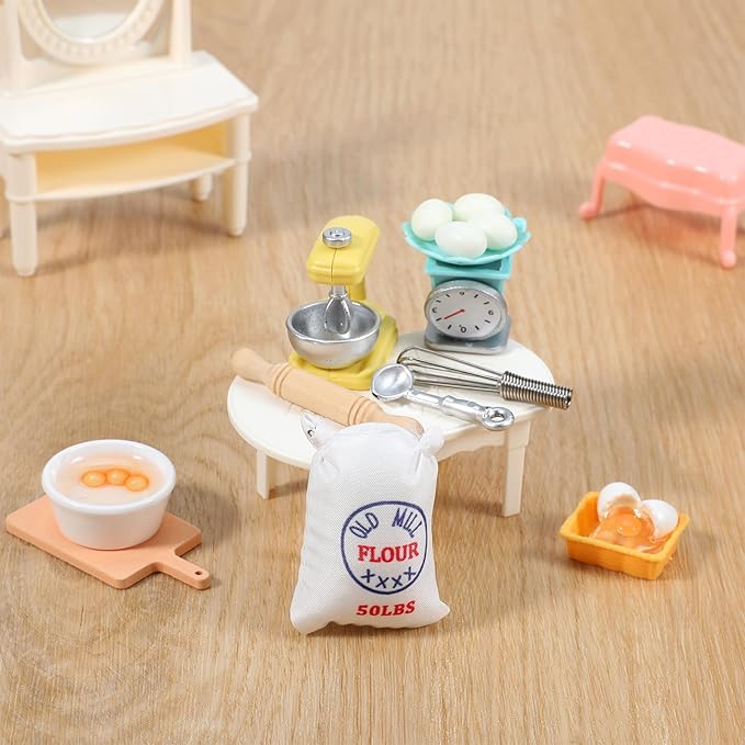 18PCS Dollhouse Miniature Kitchen Food Accessories Set, Mini Stuff for Dollhouse Decor with Stand Mixer, Kitchen Scale, Flour, Rolling Pin Accessories