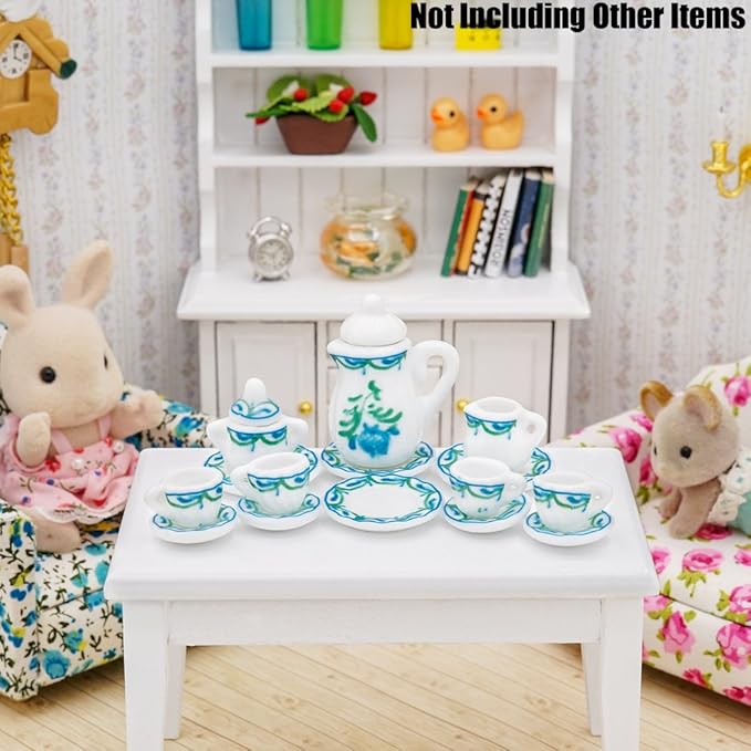 Odoria 1/12 Miniature Porcelain Tea Set 15Pcs Dollhouse Decoration Accessories, Green