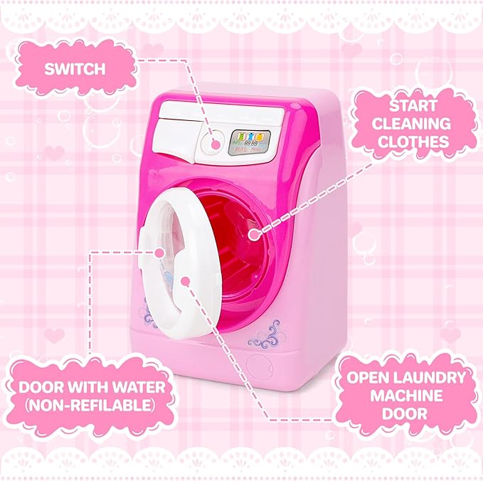 deAO Washing Machine Toy for Kids Dollhouse Furniture Pretend Play Household Appliance Laundry Play Set with Rotatable Roller for Boys Girls