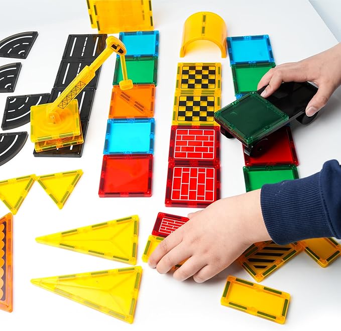 Magnetic Tiles Car Set Truck Kit Toy with Stronger Magnets, Educational Magnet Cars with Re-Enforced Hitch and Long Bed for Girls Boys Toddler Ages 3+ (50 PCS Builder)