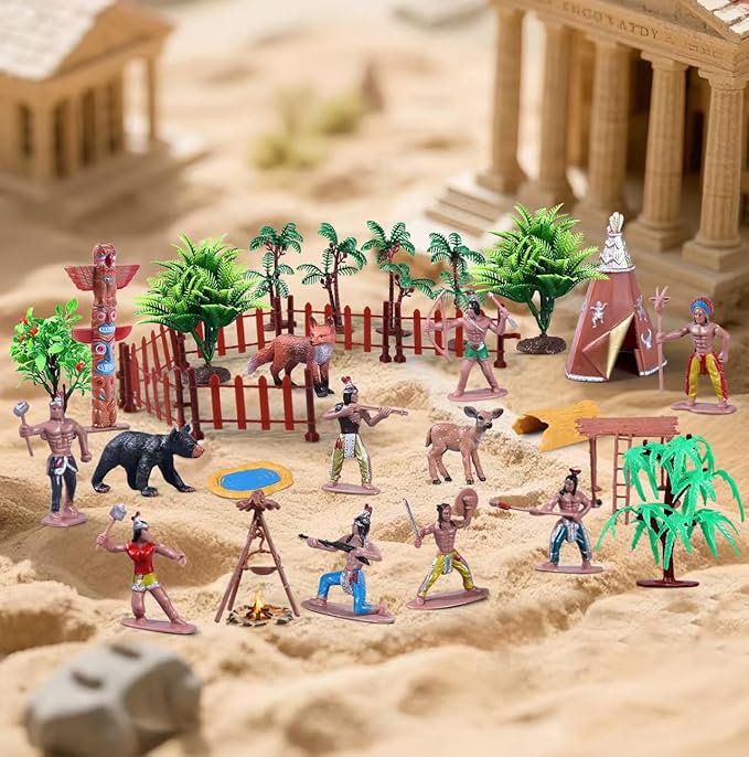 31Pcs Native American Village Playset, Assorted Indigenous People Figures with Tepee, Totem Pole, Fence, Trees, Animals, Tribal Cultural History Educational School Project Toys for Kids