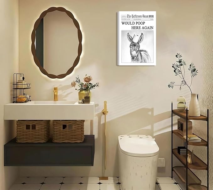 Black White Bathroom Silly Donkey Canvas Wall art Funny Donkey Toilet Paper On head Painting Picture Wall Decor Humorous Animals Poster Print Artwork for Toilet Bathroom Home Decoration 16x24in