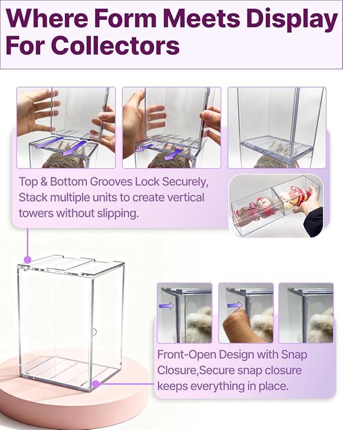 Clear Acrylic Display Case for Mini Figures, 6.7" Stackable Front-Open Box, Fits for Labubu, Molly, Crybaby, SKULLPANDA, Sonny Angel, Stitch, Dimoo, Hirono, Twinkle Twinkle, Sanrio & more Collectibles