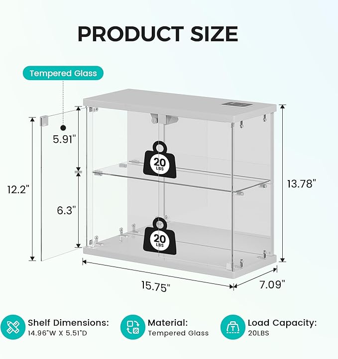 2pcs LED Clear Glass Display Case - for Figures & Collectibles, Small 2-Tier Display Cabinet with Charging Station, Display Box with Lights & Human Sensor, for Model Car, Perfume, White