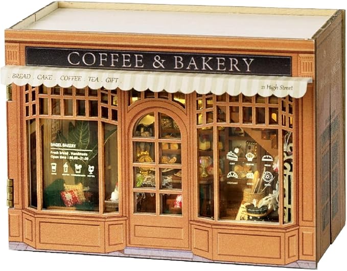 DIY Miniature House Kit, CUTEROOM Mini House Kit for Adult to Build, Wooden Dollhouse Making Kit with Furniture, Christmas Birthday Gifts- Bagel Time