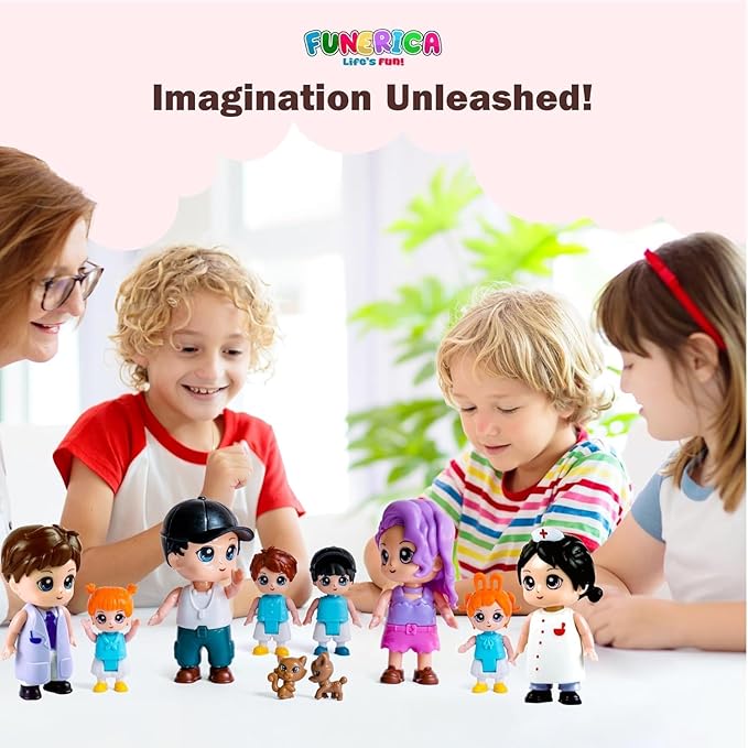 FUNERICA Dollhouse People Figures Playset - Dollhouse Family Little Play Figurines Doll House Accessories Toys -(Family Figures with Car, Pets, Doctor & Nurse)