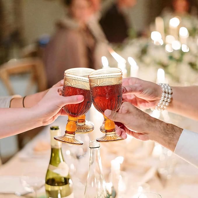 24 Pack Vintage Wine Glasses, Plastic Reusable 12 Ounce Colored Water Goblets, Unique Flower Embossed Pattern Unbreakable Stemmed Wine Glasses High Clear Wedding Party Bar Drinking Cups Amber