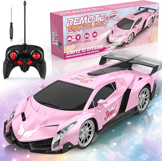 Growsland Remote Control Car for Girls, 1:18 Pink RC Cars Toys for Kids Girl Electric Vehicle Toy Car Hobby Racing Car with Lights & Controller, Birthday Gifts for Girl Boys Age 3 4 5 6 7 8 9 Year Old