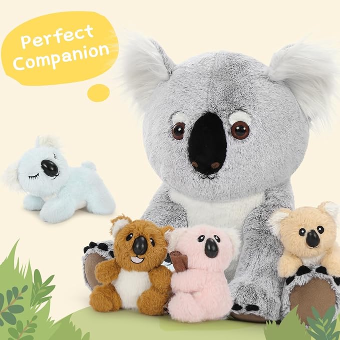5Pcs Koala Bear Stuffed Animal 17.7 Inch, Mom Koala Plush Toy with 4 Adorable Babies Plushies in Zippered Back, Christmas Birthday Gift for Kids Boys Girls, Room Forest Party Decor