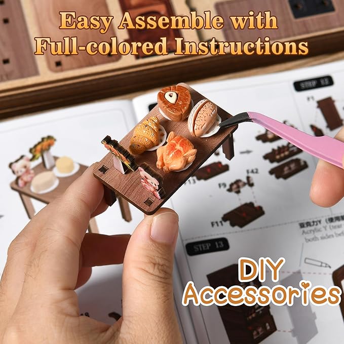 Hallisun DIY Miniature House Kit, Mini 3D Wooden Bear Restaurant Building Kit with Furniture and LED, Tiny Diorama Dollhouse Model Set, Handmade House Craft Birthday for Adults Teens