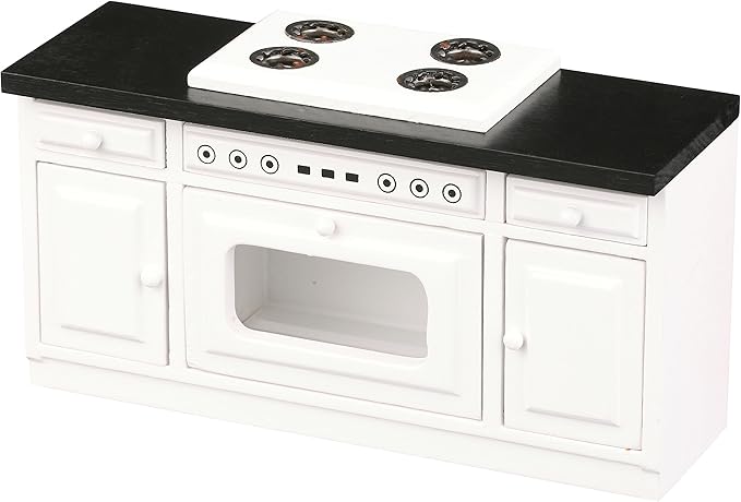 Wooden Dollhouse Kitchen Stove, Miniature Dolls House Oven, Four Burners, Range, Cabinet, 1/12 Scale, White Farmhouse