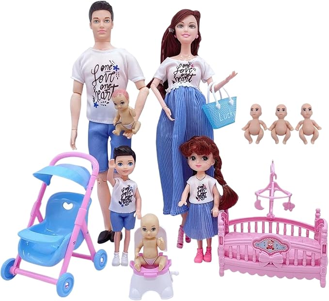 Family Doll Set, Safe Pregnant Doll Set with Dad & 3 Kids, 5 People with Dollhouse Accessories Pretend Play Toy for Kids|Dolls