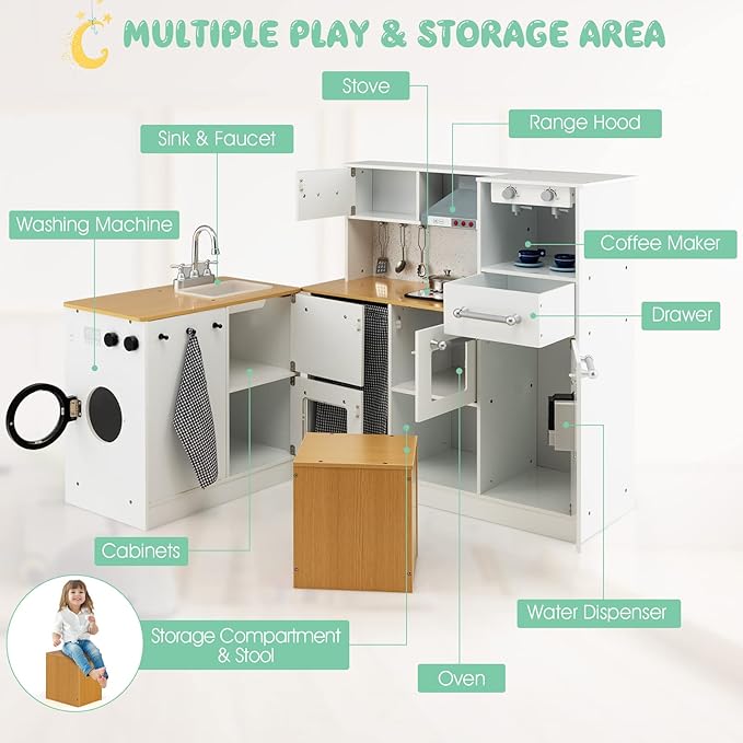 Costzon 2-Piece Corner Play Kitchen, Wooden Play Kitchen w/Washing Machine, Realistic Light & Sound, Coffee Maker, Stove & Accessories, Little Chef Pretend Toy Kitchen for Boys & Girls
