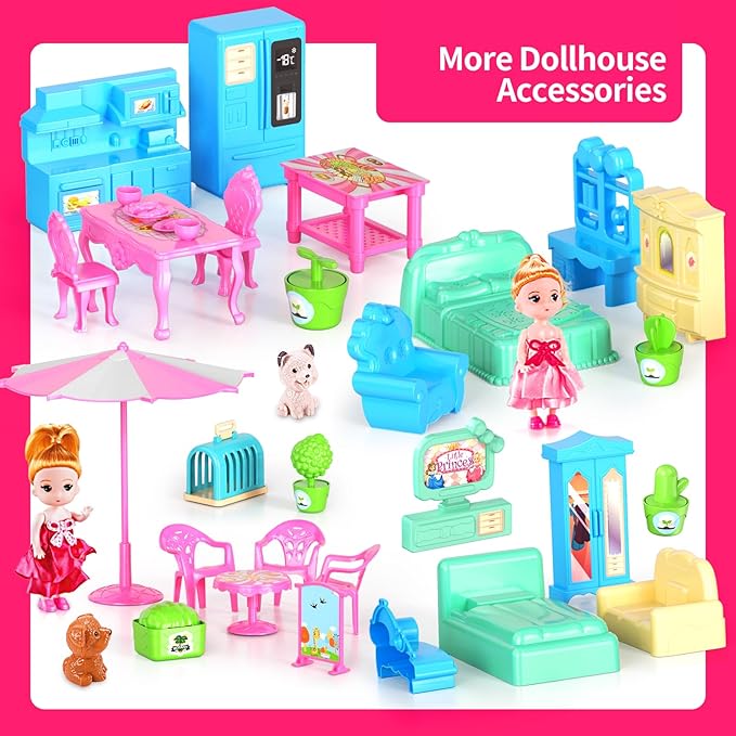 Pupu Pig Doll House Toys for Girls, Dollhouse with Glow in The Dark, Kids Doll House Playset with 4-Story 14 Play Areas, 2 Dolls, Toy Dogs, Dollhouse Accessories and Furniture, Princess Toy Gifts