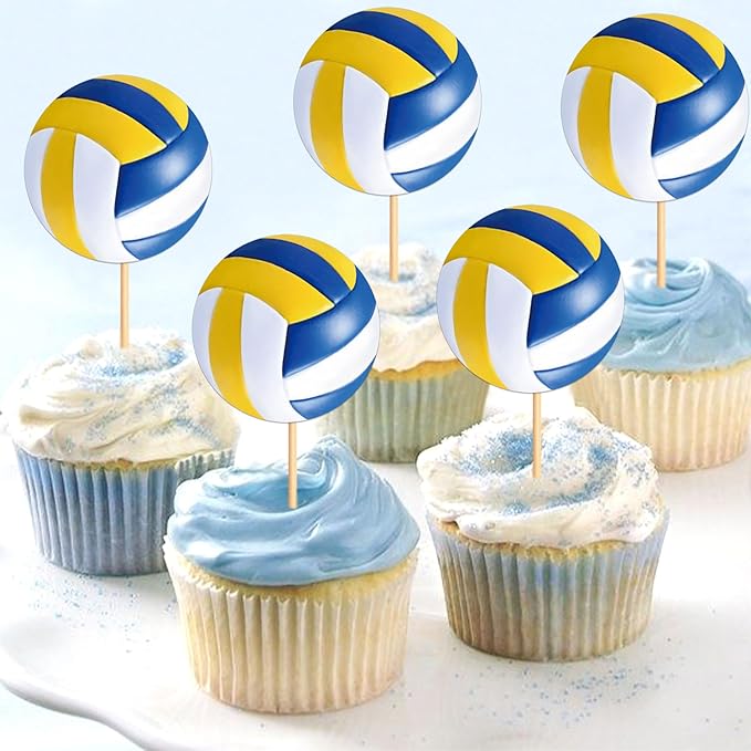 Ercadio 24 Pack Double Sided Volleyball Cupcake Toppers Sport Balls Cupcake Picks Volleyball Birthday Cake Decorations for Volleyball Theme Party Baby Shower Sport Game Party Decorations
