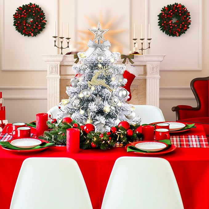 KOIUEYW Mini Christmas Tree Prelit, Small Artificial Christmas Tree with Lights, Pre Lit Little Decoration for Table Top Home Cafe Office, Snow Flocked