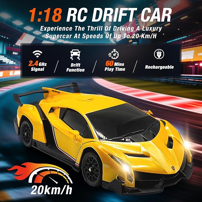 Lamborghini Remote Control Car for Boys 3-7, 1:18 Scale Lambo Toy Car Official Licensed,RC Drift Car 20Km/h with LED Lights, 2.4GHz RC Cars for Adults Boys Girls 8-12 Birthday Gifts (Yellow)
