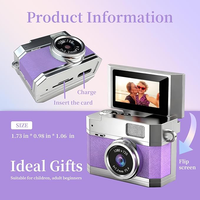 ‌Mini Keychain Digital Camera Purple - HD Mini Digital Camera with 0.96" Flip Screen & 32GB Card,Funny Gifts for Friends,Valentines Day Gifts