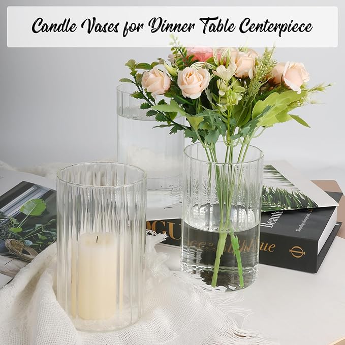 6pcs Glass Cylinder Vases for Centerpieces, 6 Inch Tall Clear Ribbed Vases Bulk for Wedding Glass Floating Candle Holder for Dinner Table, Fireplace, Party, Home Decor