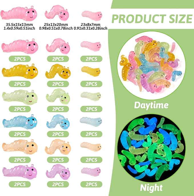 Beadthoven Luminous Mini Worm Glow in The Dark Worm Figurine Cute Miniature Animals Ornaments for Dollhouse Fairy Garden Decoration Accessories DIY Craft Micro Landscape