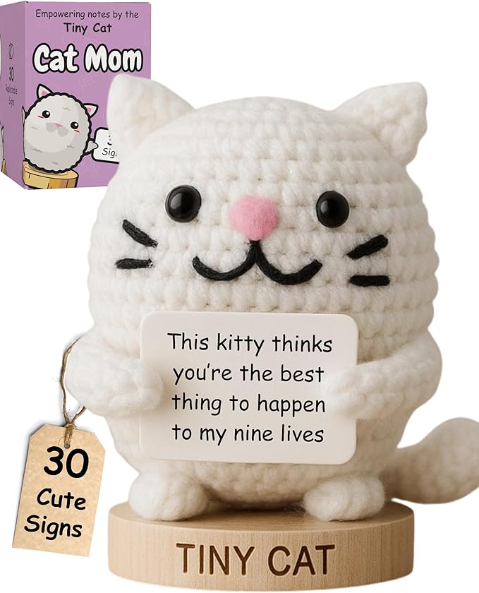 Cat Mom Gifts for Women - 30 Uplifting Affirmations from The Tiny Cat | Cats Lady Presents for Women, Funny Christmas or Birthday Gifts for Fur Mama Present Ideas | Handmade Positive Animal Crochet