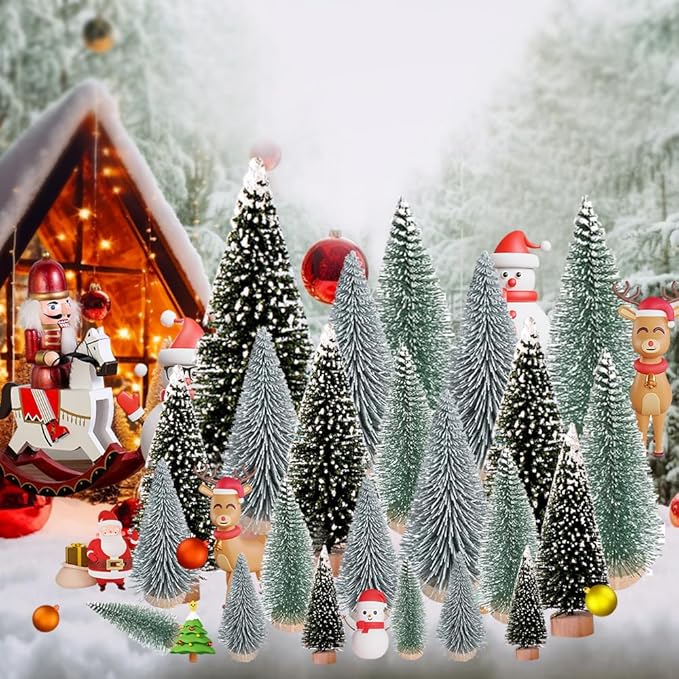 Yahpetes Christmas Tree 30 Pcs Artificial Christmas Trees Bottle Brush Trees with 5 Sizes, Sisal Snow Trees with Wooden Base for Christmas Crafting and Designing(Silver,Green,Dark Green, 30Pcs)