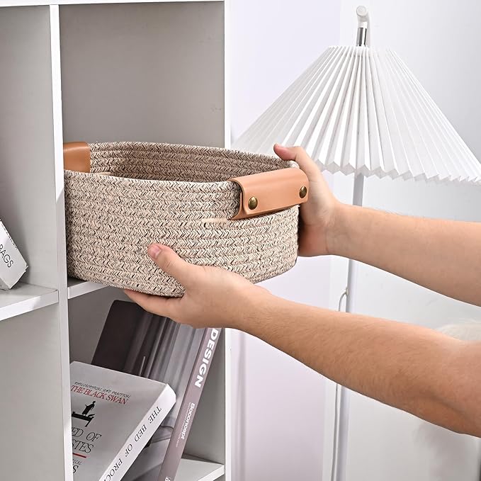 Storage Baskets for Organizing, Small Woven Basket Set of 6-4 Shelf Basket with Leather Handle and 2 Small Gift Baskets, Cotton Rope Basket for Shelves, Nursery, Dog Toy, Bathroom