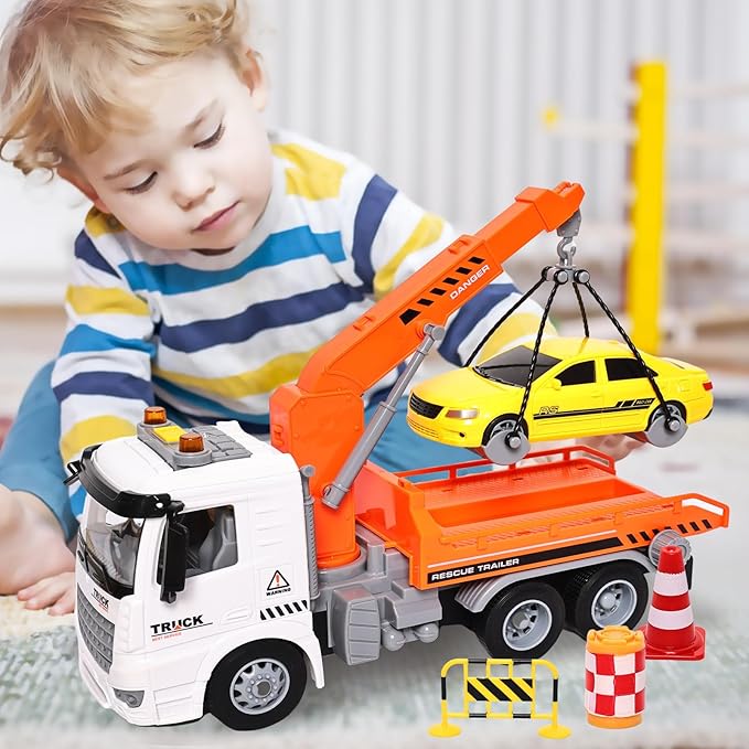 11" Kids Tow Truck Toy, Friction Powered Transport Truck with Racing Car, Traffic Signs, Sound and Lights for Boys & Girls Age 3-7 8 9 10 Year Old
