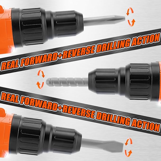 PANPAPA Kids Power Drill and Screw Set,Toy Electric Drill with 3 Interchangeable Drill Bits Sound and Motion,Pretend Play Construction Kids Tool Set Outdoor Preschool Gardening Lawn Toy Gifts（Orange）