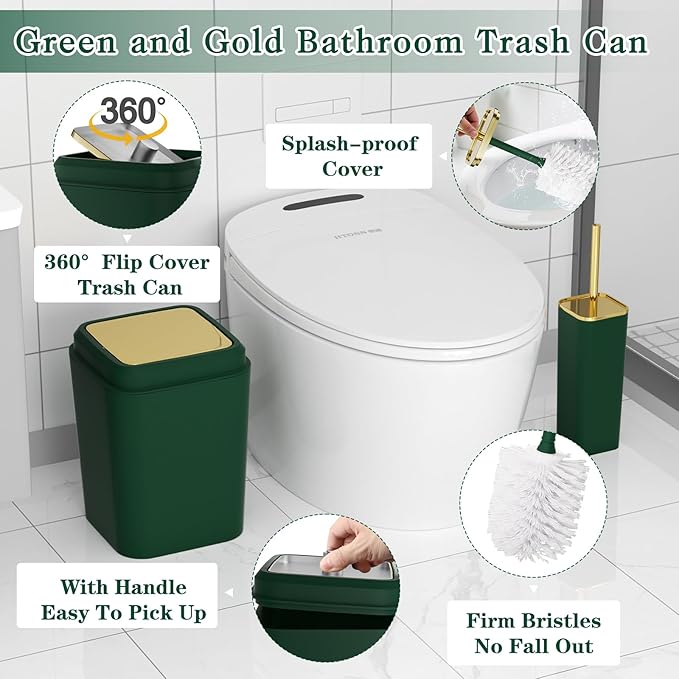 XLHOMO Dark Green Bathroom Accessories Set, Green and Gold Bathroom Accessories with Trash Can, Soap Dispenser, Soap Dish, Toothbrush Holder and Q-tip Holders