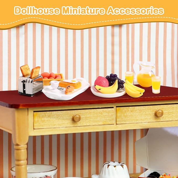 44 Pieces 1:12 Dollhouse Miniature Breakfast Kitchen Accessories Mini Toast Machine Bread Juice Milk Eggs Cups Fruits Plates Knife Fork Spoons for Dollhouse Kitchen Scene and Cake Topper Decor