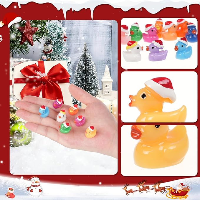 160 Pcs Small Christmas Ducks with Santa Hat, Mini Resin Ducks Little Plastic Duck for Xmas, Dollhouse Accessories, Micro Landscapes, Fairy Garden Home Decorations