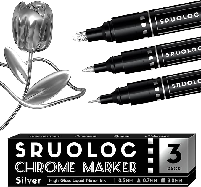 3Pcs Liquid Chrome Paint Markers, Oil-based Permanent Chrome Maker, Gloss Mirror Marker Repairing, Reflective Metallic Pen Markers for Touch Up Model Painting DIY Art Projects, Silver