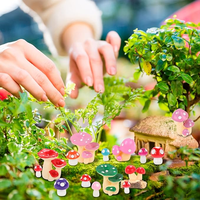 65 Pieces Mini Mushrooms Figurines Colorful Tiny Resin Mushroom Decor for Fairy Graden Craft Fake Mushrooms Moss Landscape DIY Terrarium Cake Topper Party Decoration Home Decor