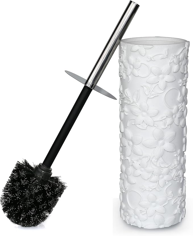 Indecor Home White Floral Design Resin Toilet Bowl Holder and Brush Set, Stylish Bathroom Cleaning Tool with Durable Bristles, Compact and Functional