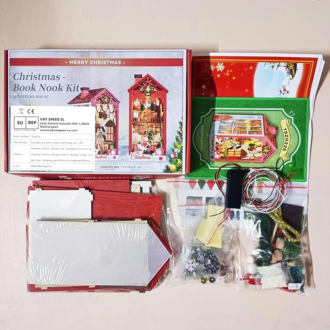 Christmas Book Nook Kit, DIY Dollhouse with Sensor Led Light, Wooden Puzzles, Exclusive, for 14+ Teens and Adults Building