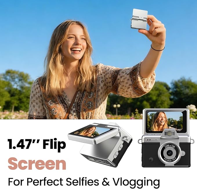 Mini Keychain Camera, 2K Retro Digital Camera with 1.47‘’ Flip Screen & Built-in Flash for Selfies - Includes 32GB SD Card, Strap - Perfect for Travel, Concert, Vlogging